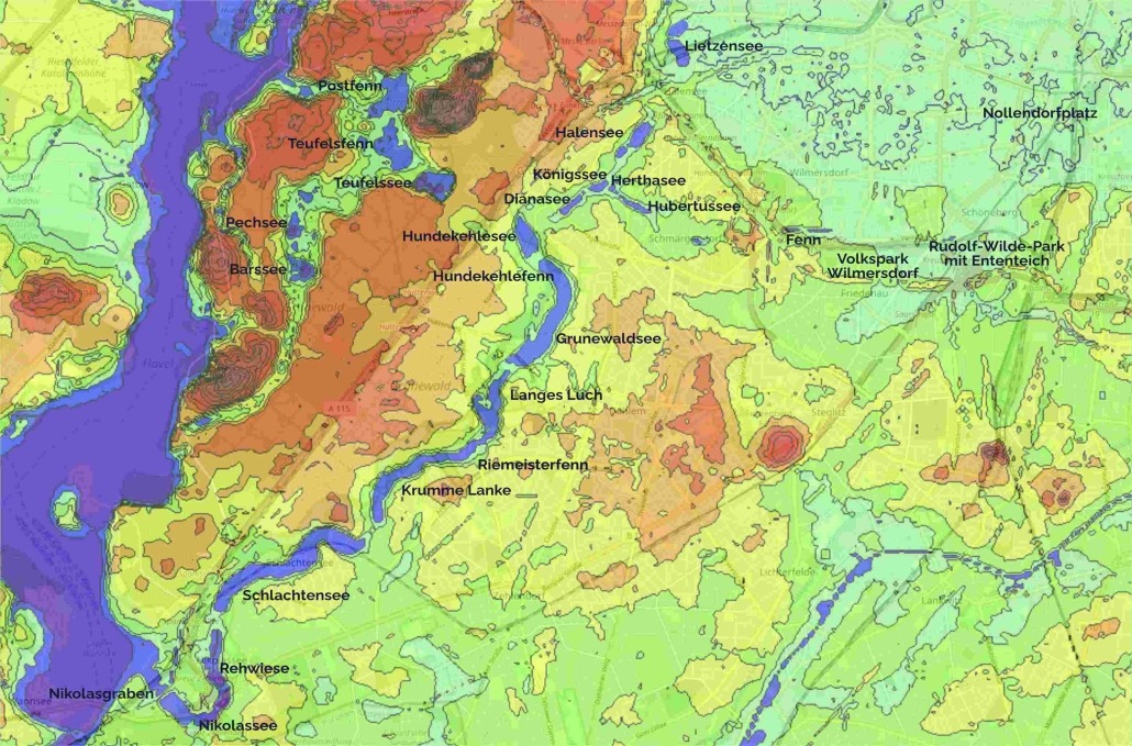 Grunewaldseenkette mit Angabe der Geomorphologie